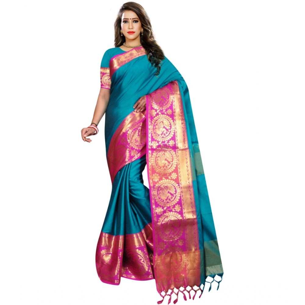 Generic Women's Jacquard Woven Saree With Unstitched Blouse 5.5Mtr (Dark Green)