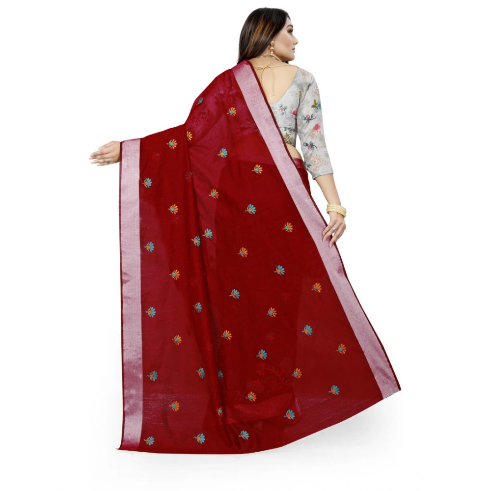 Generic Women's Cotton Silk Embroidered Saree With Unstitched Blouse 5.5Mtr (Maroon)