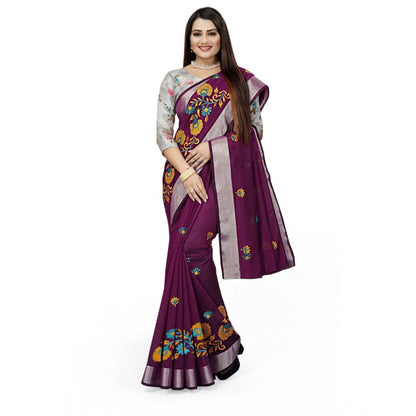 Generic Women's Cotton Silk Embroidered Saree With Unstitched Blouse 5.5Mtr (Purple)