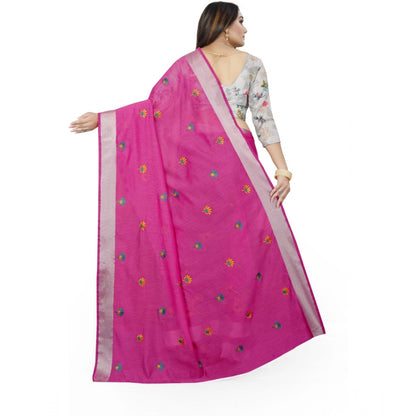 Generic Women's Cotton Silk Embroidered Saree With Unstitched Blouse 5.5Mtr (Pink)