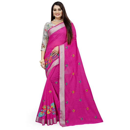 Generic Women's Cotton Silk Embroidered Saree With Unstitched Blouse 5.5Mtr (Pink)