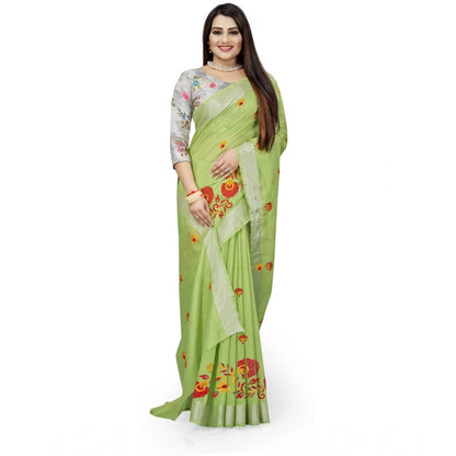 Generic Women's Cotton Silk Embroidered Saree With Unstitched Blouse 5.5Mtr (Light Green)