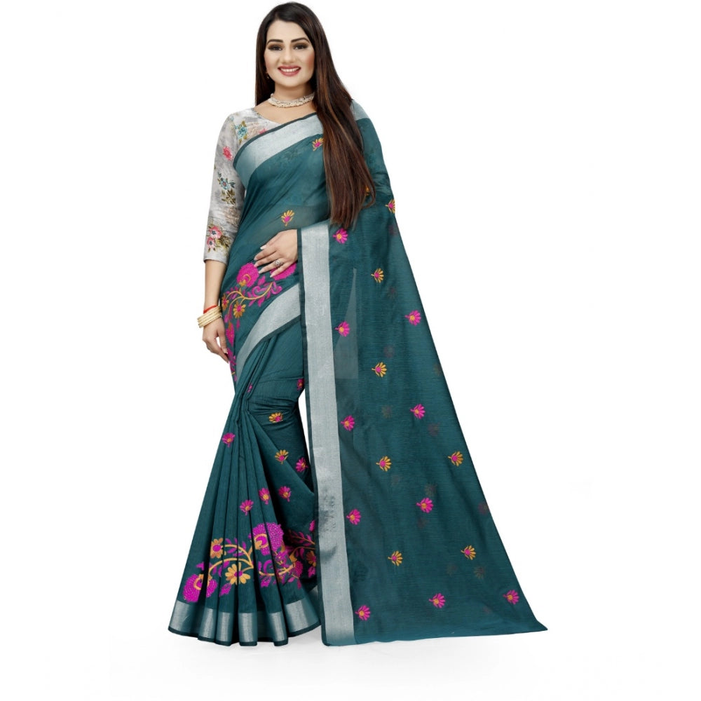 Generic Women's Cotton Silk Embroidered Saree With Unstitched Blouse 5.5Mtr (Dark Green)