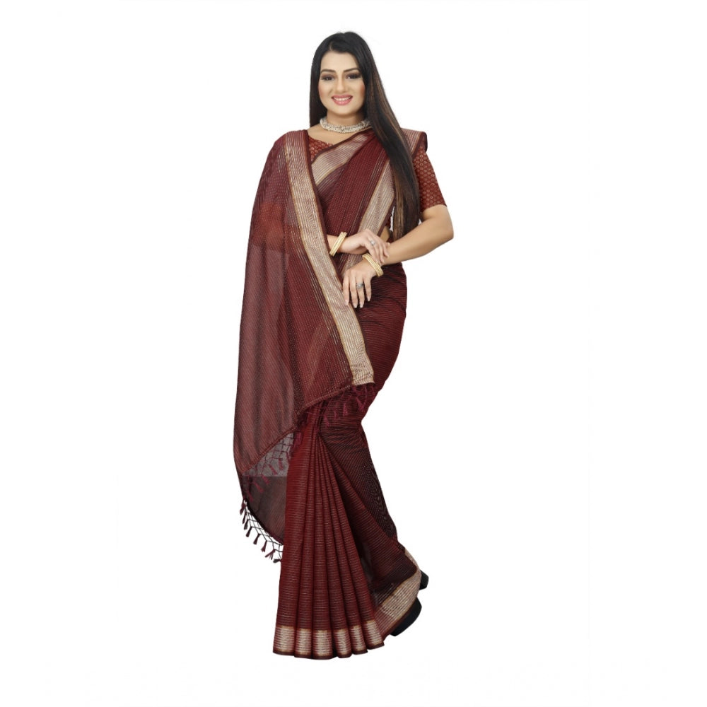 Generic Women's Cotton Blend Solid/Plain Saree With Unstitched Blouse 5.5Mtr (Maroon)