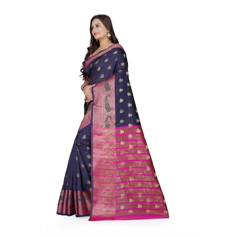 Generic Women's Jacquard Woven Saree With Unstitched Blouse 5.5Mtr (Dark Blue)