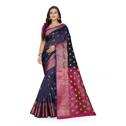 Generic Women's Jacquard Woven Saree With Unstitched Blouse 5.5Mtr (Dark Blue)