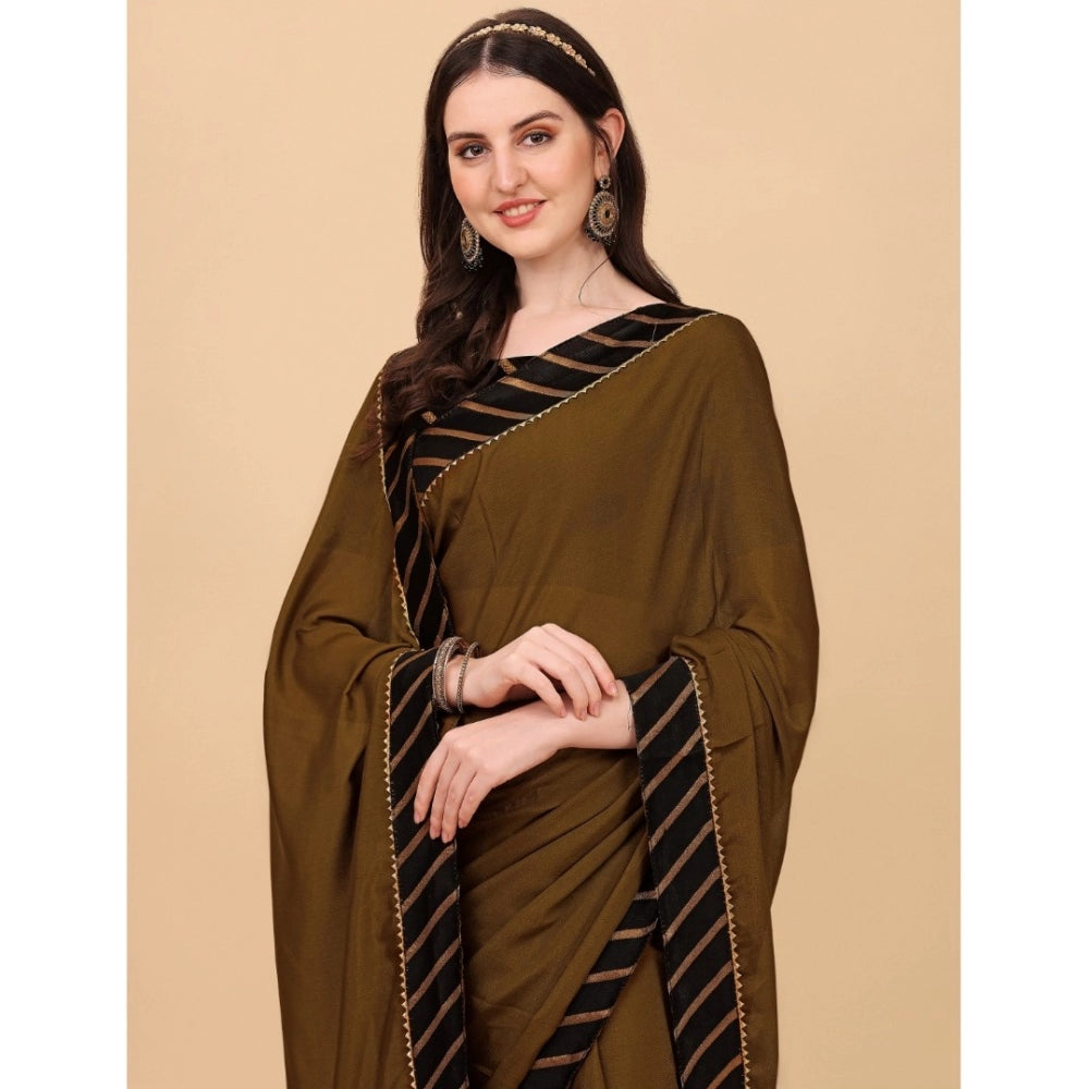 Generic Women's Chiffon Self Design Saree With Unstitched Blouse 5.5Mtr (Brown)