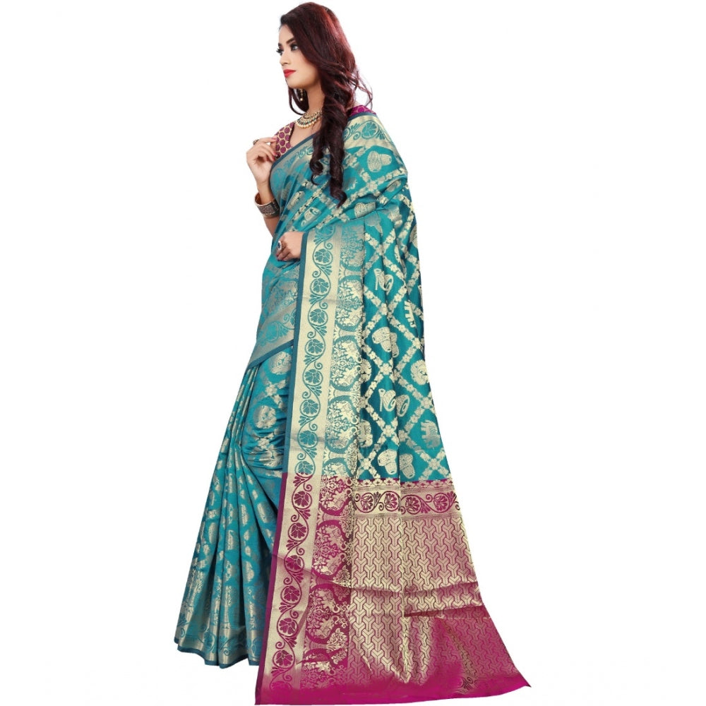 Generic Women's Jacquard Woven Saree With Unstitched Blouse 5.5Mtr (Light Blue)