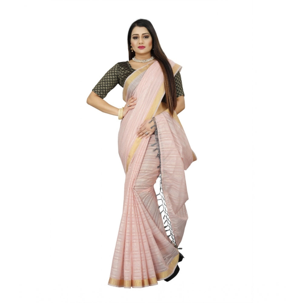 Generic Women's Cotton Blend Solid/Plain Saree With Unstitched Blouse 5.5Mtr (Pink)