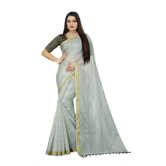 Generic Women's Cotton Blend Solid/Plain Saree With Unstitched Blouse 5.5Mtr (Light Blue)