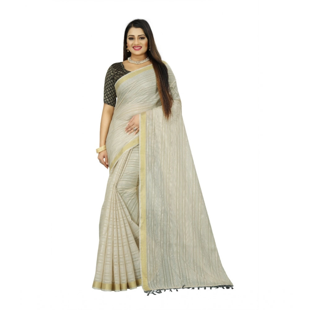 Generic Women's Cotton Blend Solid/Plain Saree With Unstitched Blouse 5.5Mtr (Cream)