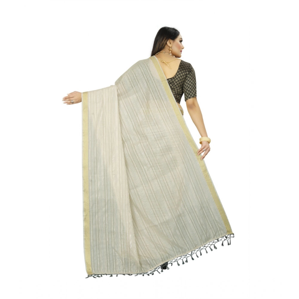 Generic Women's Cotton Blend Solid/Plain Saree With Unstitched Blouse 5.5Mtr (Cream)