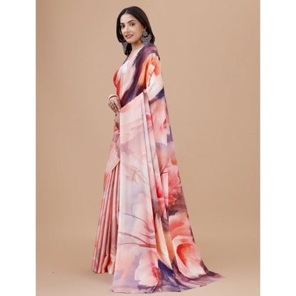 Generic Women's Crepe Digital Print Saree With Unstitched Blouse 5.5Mtr (Pink)