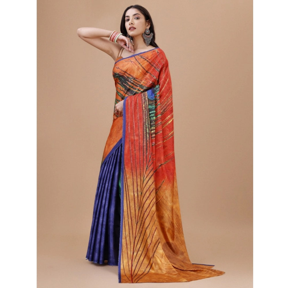 Generic Women's Crepe Digital Print Saree With Unstitched Blouse 5.5Mtr (Orange)