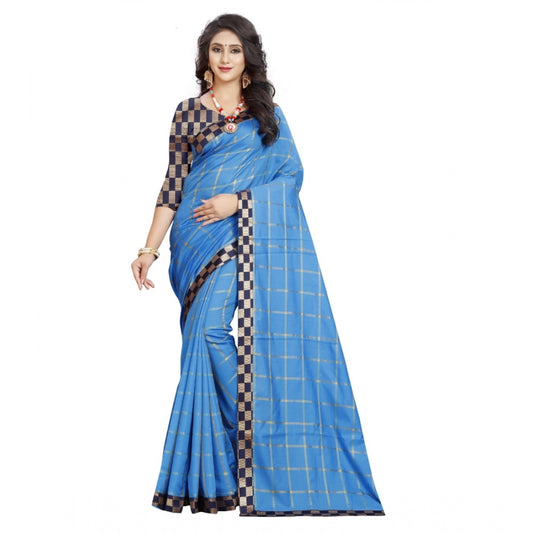 Generic Women's Cotton Silk Checkered Saree With Unstitched Blouse 5.5Mtr (Light Blue)