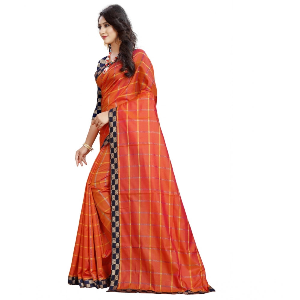 Generic Women's Cotton Silk Checkered Saree With Unstitched Blouse 5.5Mtr (Orange)