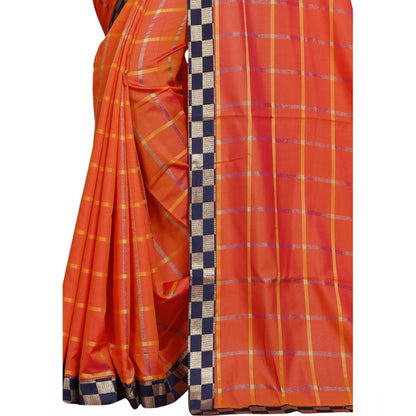 Generic Women's Cotton Silk Checkered Saree With Unstitched Blouse 5.5Mtr (Orange)