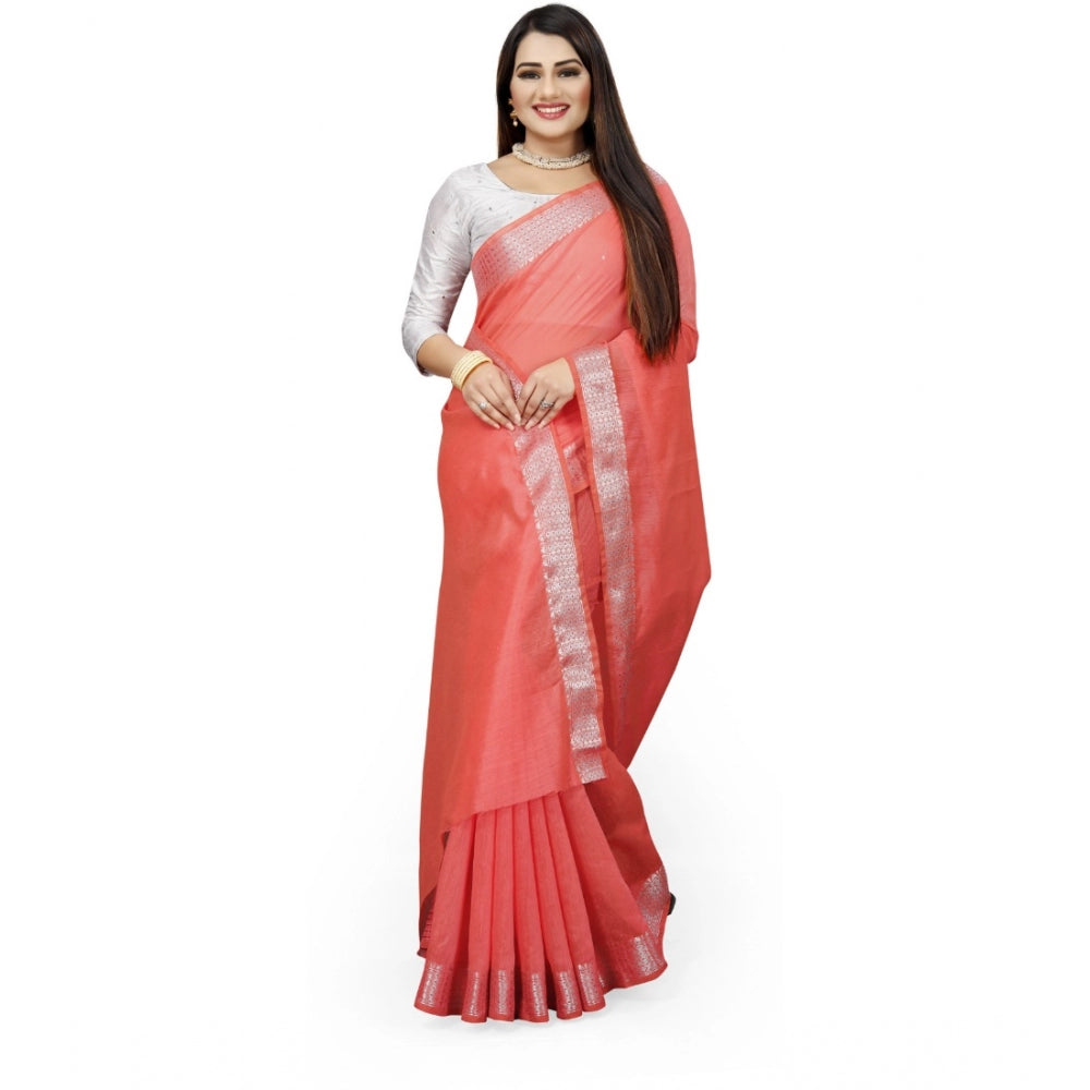 Generic Women's Cotton Silk Self Design Saree With Unstitched Blouse 5.5Mtr (Orange)