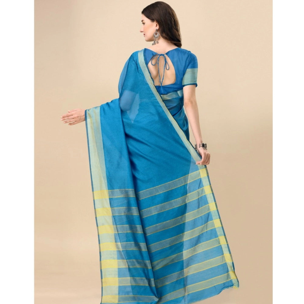 Generic Women's Cotton Silk Striped Saree With Unstitched Blouse 5.5Mtr (Light Blue)