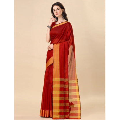 Generic Women's Cotton Silk Striped Saree With Unstitched Blouse 5.5Mtr (Red)