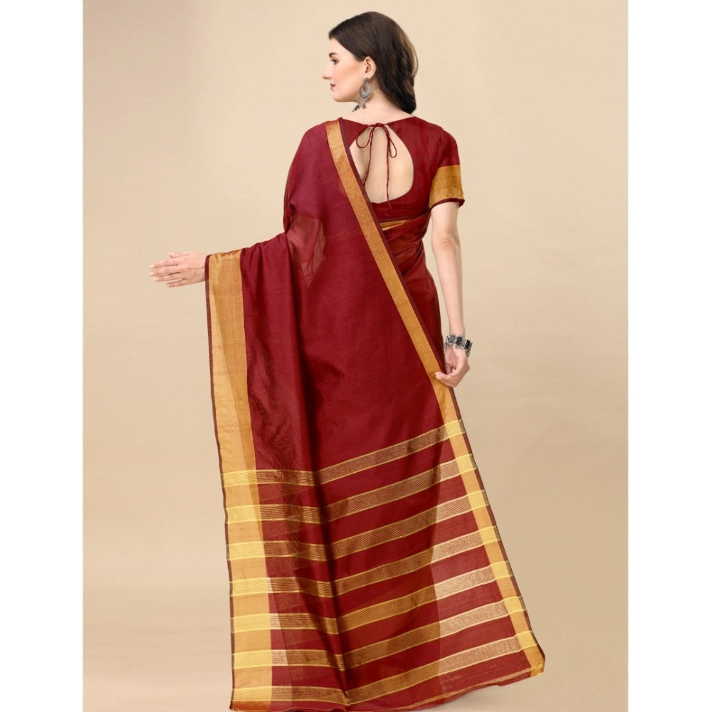 Generic Women's Cotton Silk Striped Saree With Unstitched Blouse 5.5Mtr (Maroon)