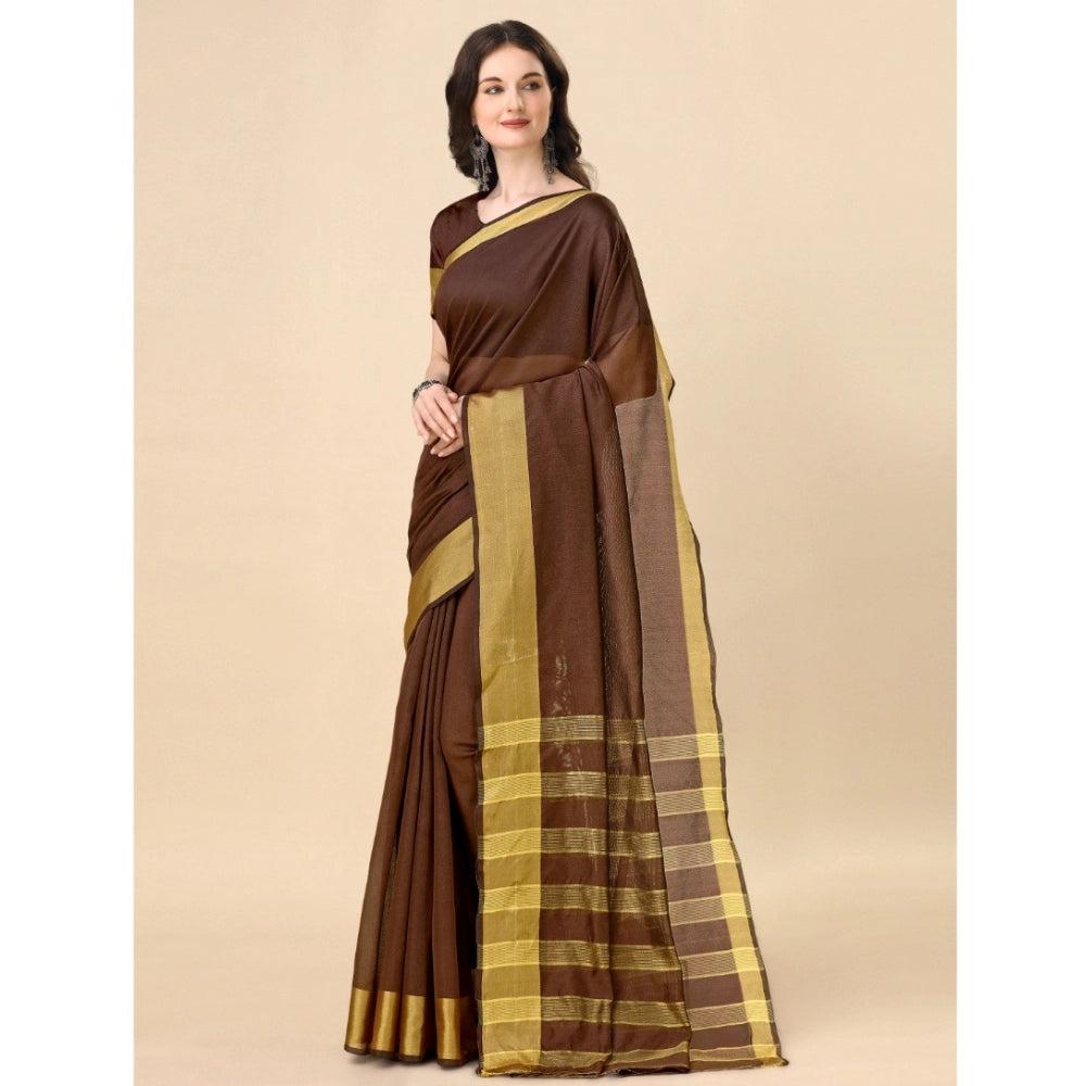 Generic Women's Cotton Silk Striped Saree With Unstitched Blouse 5.5Mtr (Brown)