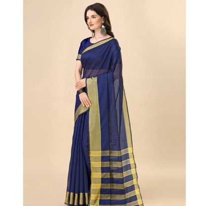 Generic Women's Cotton Silk Striped Saree With Unstitched Blouse 5.5Mtr (Dark Blue)