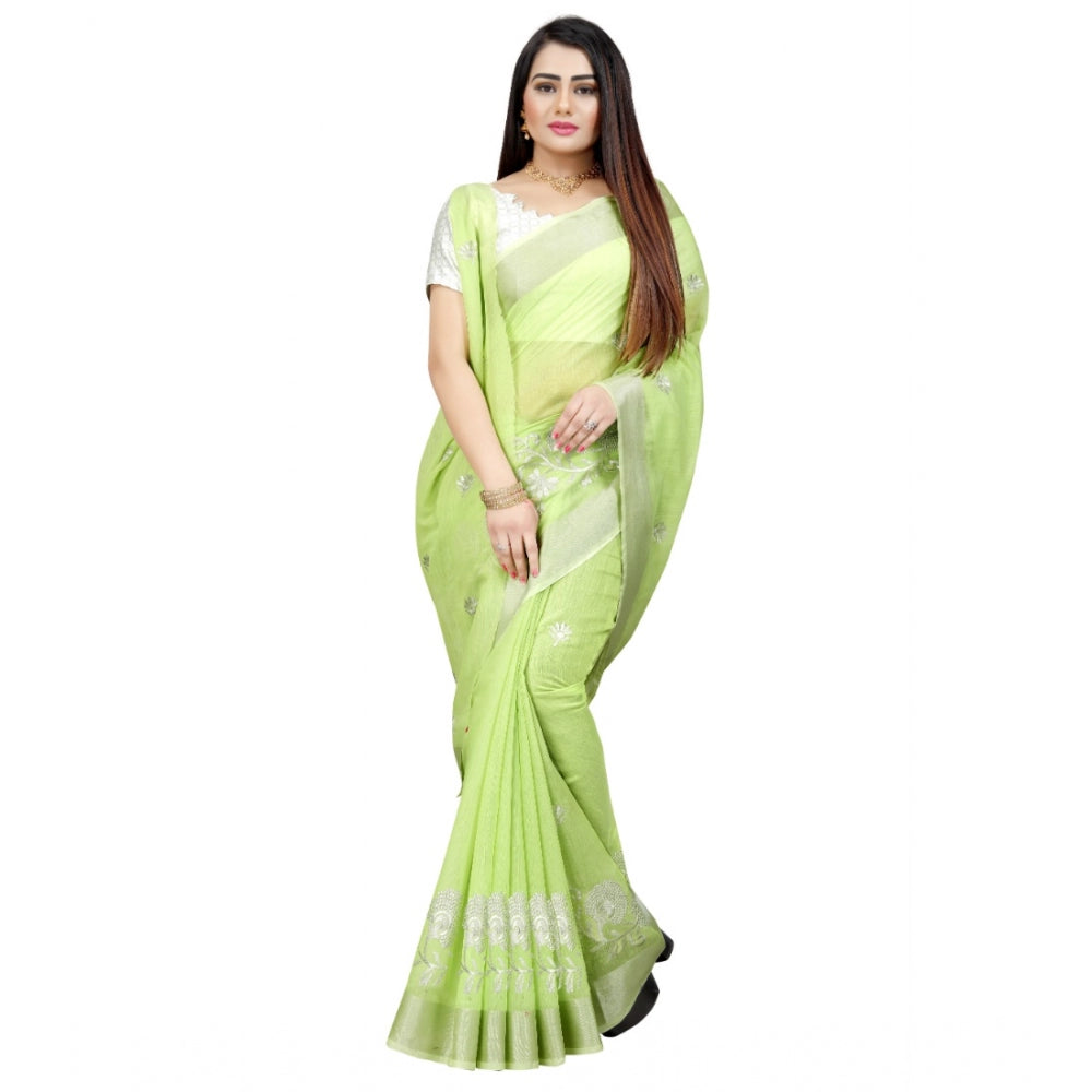 Generic Women's Cotton Silk Embroidered Saree With Unstitched Blouse 5.5Mtr (Light Green)