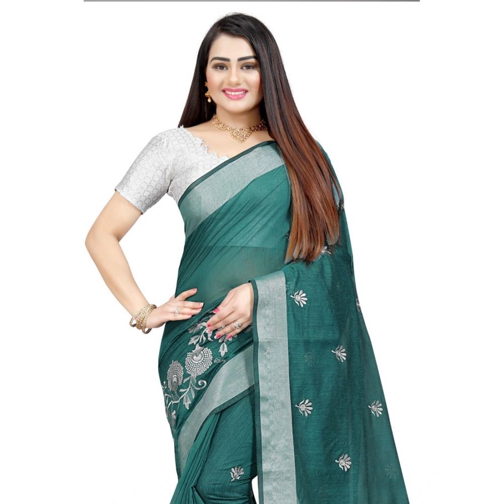 Generic Women's Cotton Silk Embroidered Saree With Unstitched Blouse 5.5Mtr (Dark Green)