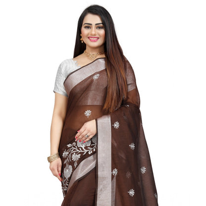 Generic Women's Cotton Silk Embroidered Saree With Unstitched Blouse 5.5Mtr (Brown)