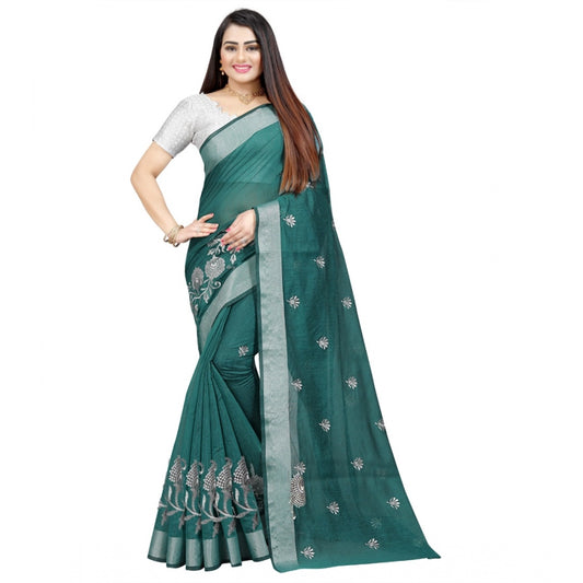 Generic Women's Cotton Silk Embroidered Saree With Unstitched Blouse 5.5Mtr (Dark Green)