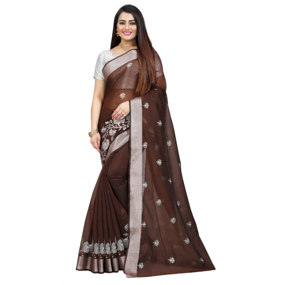 Generic Women's Cotton Silk Embroidered Saree With Unstitched Blouse 5.5Mtr (Brown)