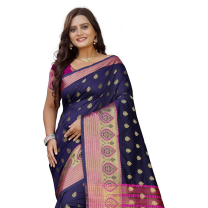 Generic Women's Silk Blend Woven Saree With Unstitched Blouse 5.5Mtr (Dark Blue-Pink)