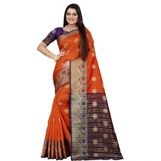 Generic Women's Silk Blend Woven Saree With Unstitched Blouse 5.5Mtr (Blue-Orange)