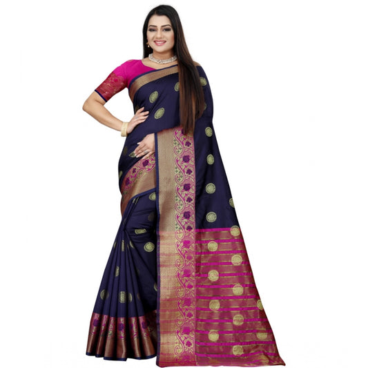 Generic Women's Silk Blend Woven Saree With Unstitched Blouse 5.5Mtr (Dark Blue-Pink)