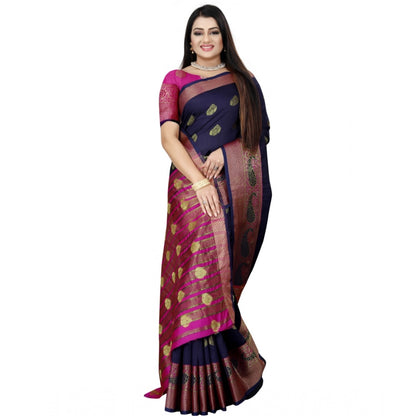 Generic Women's Silk Blend Woven Saree With Unstitched Blouse 5.5Mtr (Dark Blue-Pink)