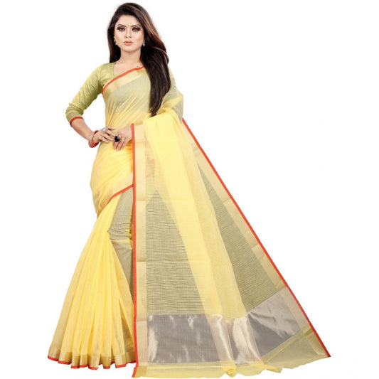 Generic Women's Cotton Silk Checkered Saree With Unstitched Blouse 5.5Mtr (Yellow)