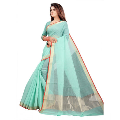 Generic Women's Cotton Silk Checkered Saree With Unstitched Blouse 5.5Mtr (Light Blue)