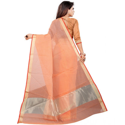 Generic Women's Cotton Silk Checkered Saree With Unstitched Blouse 5.5Mtr (Orange)