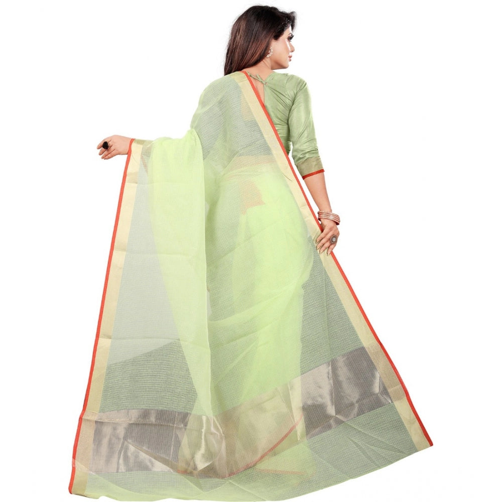 Generic Women's Cotton Silk Checkered Saree With Unstitched Blouse 5.5Mtr (Green)