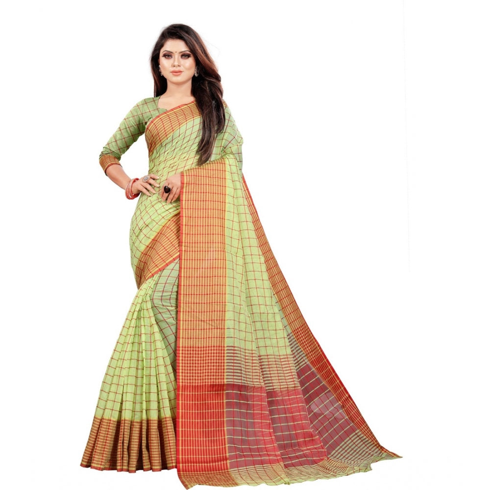 Generic Women's Cotton Silk Checkered Saree With Unstitched Blouse 5.5Mtr (Green)