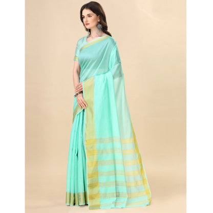 Generic Women's Cotton Silk Striped Saree With Unstitched Blouse 5.5Mtr (Blue)