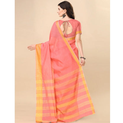 Generic Women's Cotton Silk Striped Saree With Unstitched Blouse 5.5Mtr (Pink)