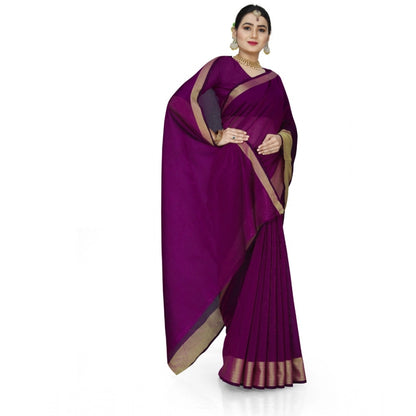 Generic Women's Cotton Silk Self Design Saree With Unstitched Blouse 5.5Mtr (Purple)