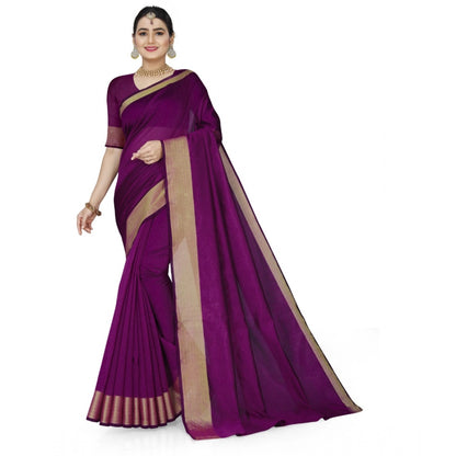 Generic Women's Cotton Silk Self Design Saree With Unstitched Blouse 5.5Mtr (Purple)