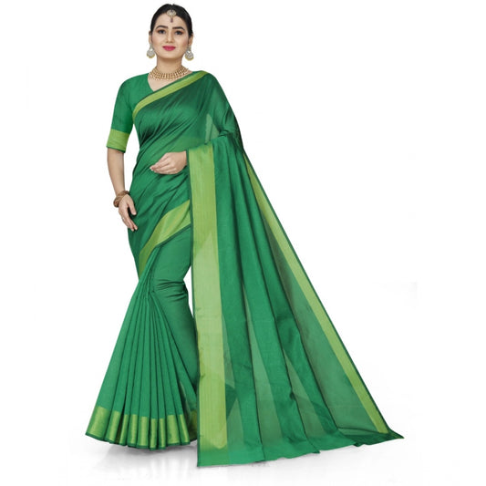 Generic Women's Cotton Silk Self Design Saree With Unstitched Blouse 5.5Mtr (Green)