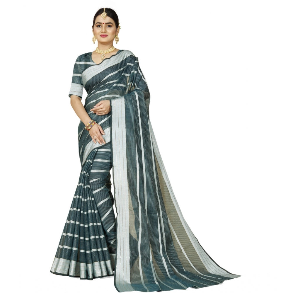 Generic Women's Cotton Silk Striped Saree With Unstitched Blouse 5.5Mtr (Dark Green)