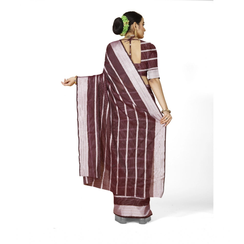 Generic Women's Cotton Silk Striped Saree With Unstitched Blouse 5.5Mtr (Maroon)