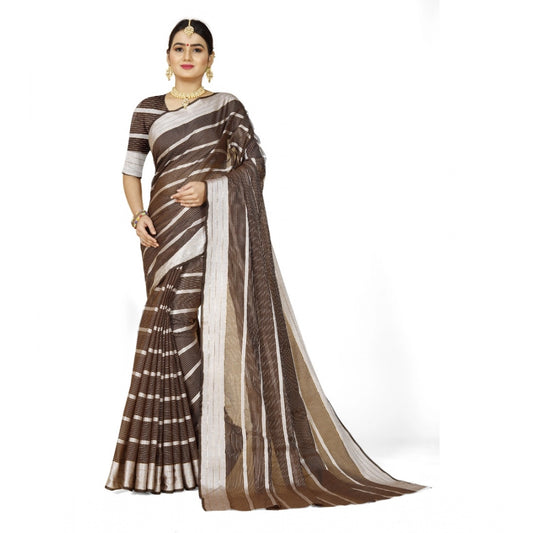 Generic Women's Cotton Silk Striped Saree With Unstitched Blouse 5.5Mtr (Brown)