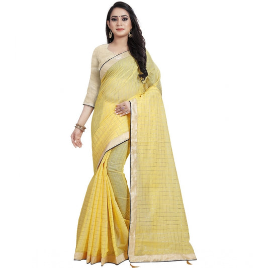 Generic Women's Cotton Silk Checkered Saree With Unstitched Blouse 5.5Mtr (Yellow)